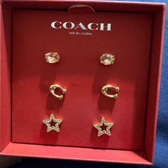 NEW Coach Signature Star Stud Earring Set Gold Pink CF985 Boxed - Picture 2 of 2